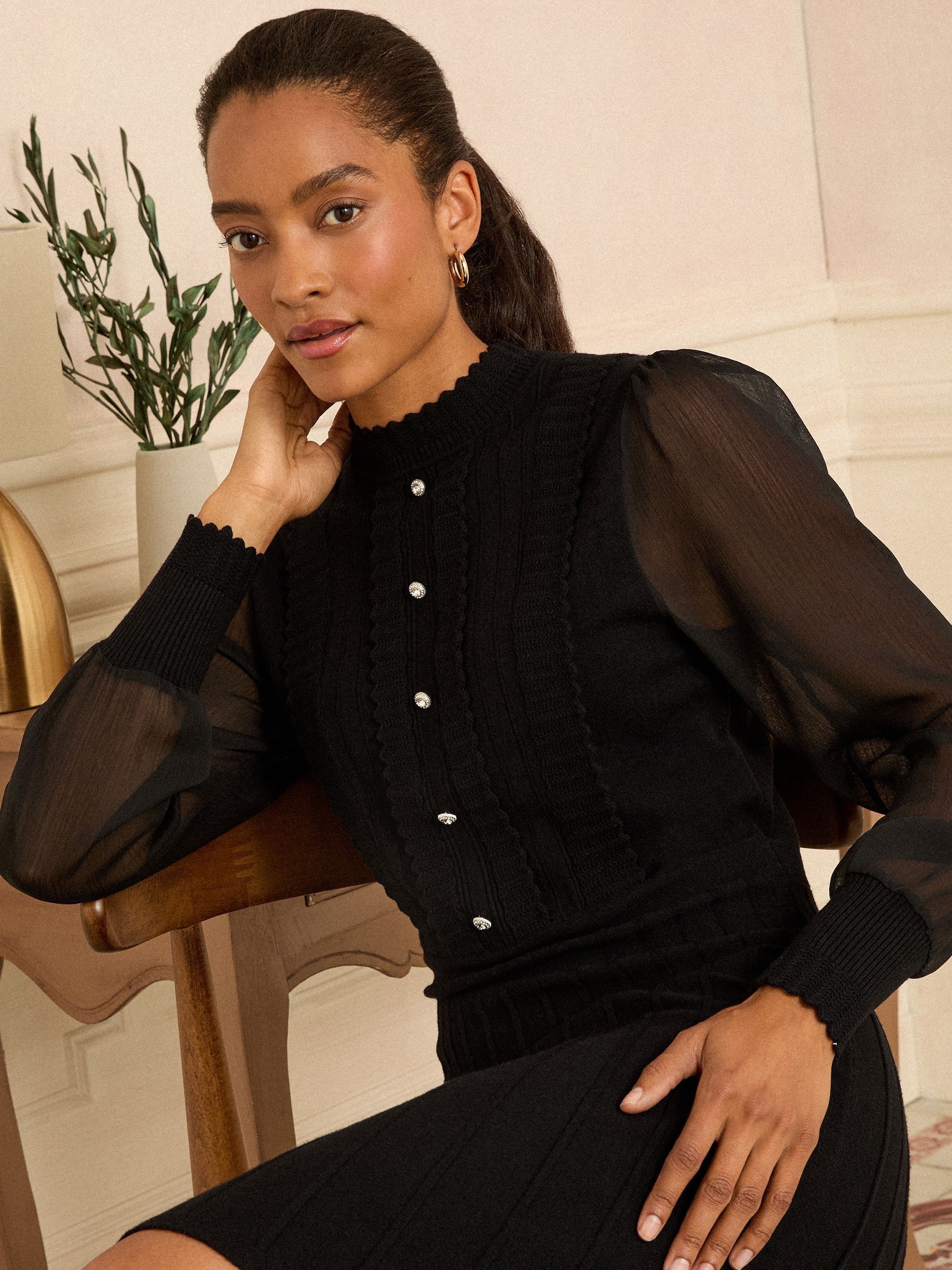 Zwart met trechterkraag - Love & Roses gebreide mini-jurk met chiffon mouwen