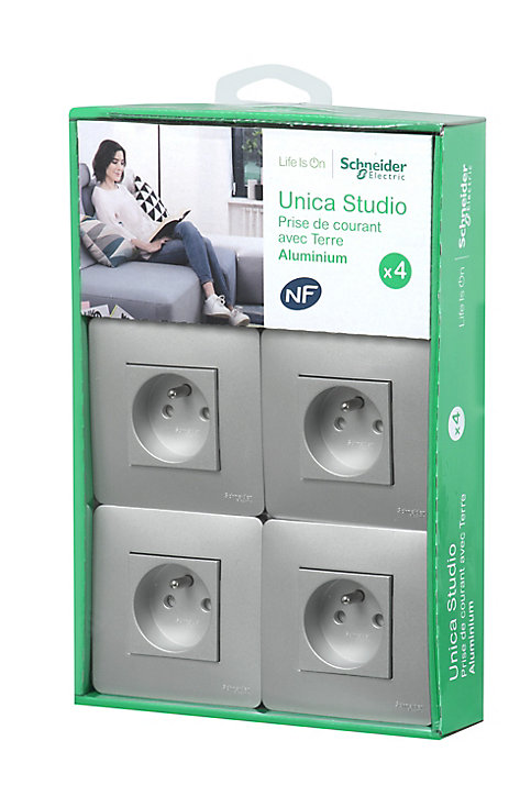 Prise avec terre complète Schneider Electric Unica Déco aluminium, lot de 4