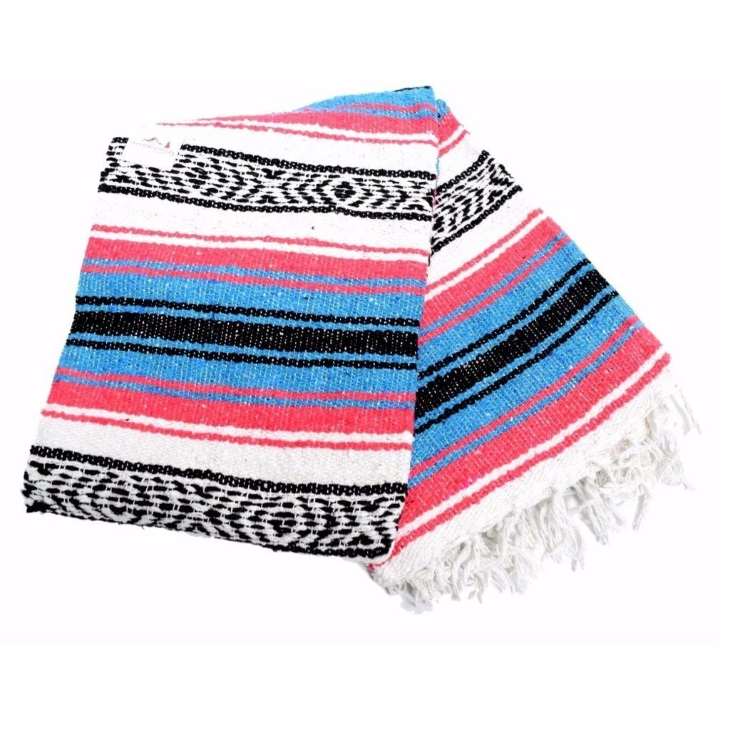 (130x170cm) Picknick Decke Outdoor Beach Tuch Gestreift mit Tassel - Pink / Blau