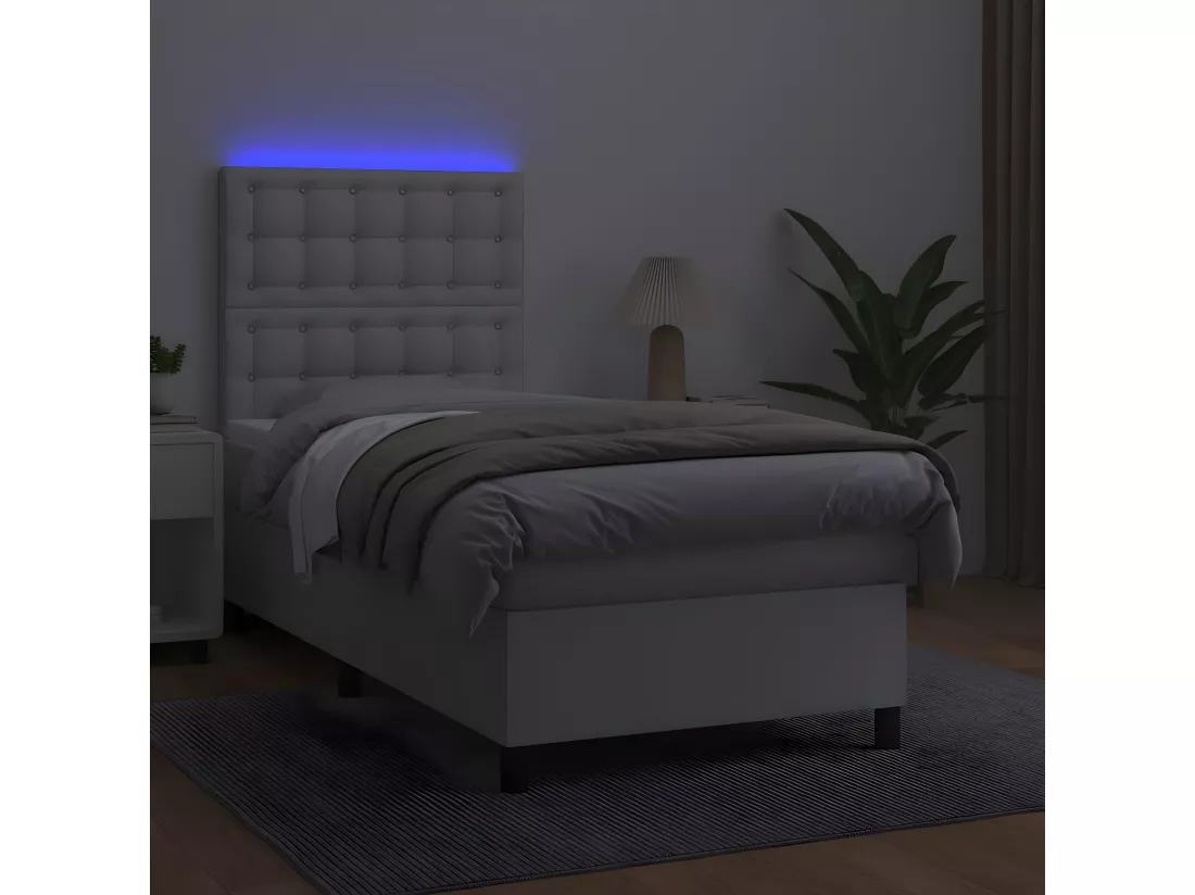 Sommier tapissier et matelas et LED Blanc 100x200 cm Similicuir