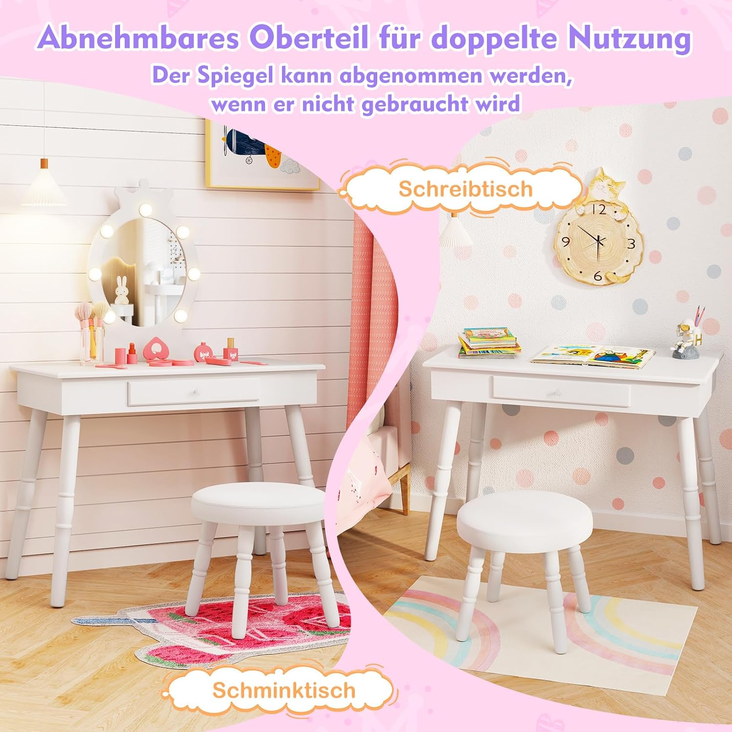 COSTWAY Schminktisch Kinder mit Beleuchtung, 2 in 1Frisiertisch Prinzessin mit abnehmbarem Spiegel & Schublade, Schminkkommde Holz mit Hocker, Kosmetiktisch Mädchen für Kinder von 3-7 Jahren (Weiß)