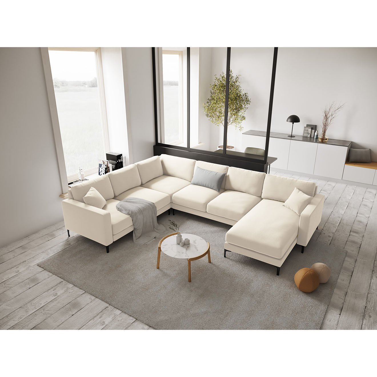 Mazzini Sofas Canapé Panoramique gauche Velours Venus 6 Places beige clair - 326x236x90 cm