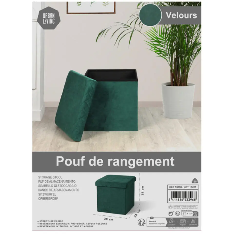 Urban Living poef - hocker - velvet donkergroen - mdf - 38x38 cm