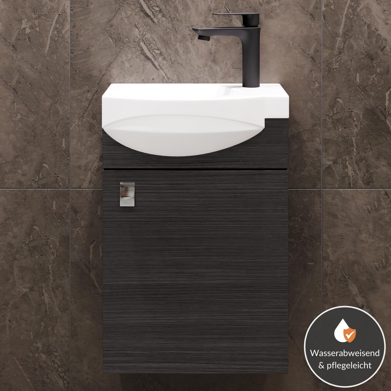 Planetmöbel Badmöbel Set Waschtisch mit Unterschrank 40 x 60 x 29 cm mit Waschtischarmatur schwarz für Badezimmer, Gäste WC & Bad, Anthrazit