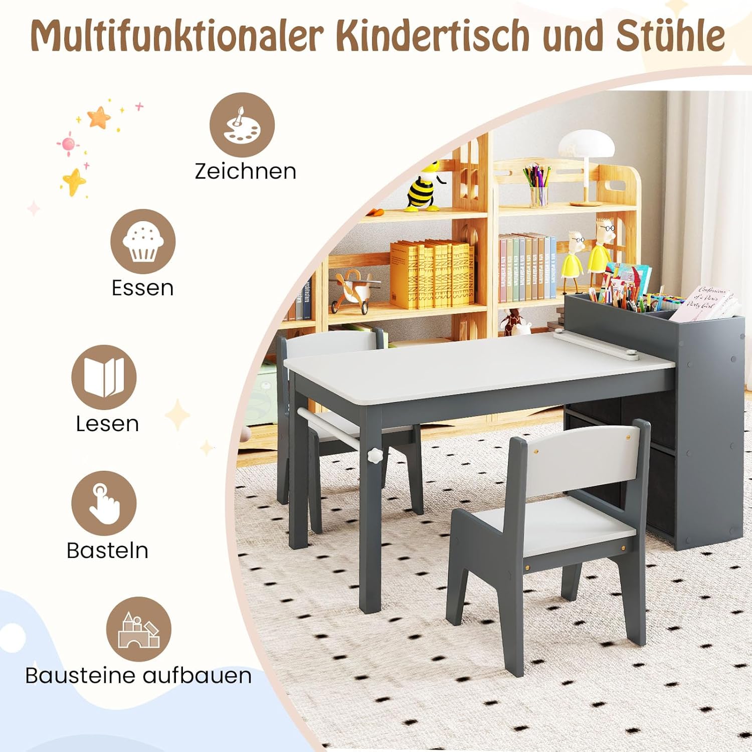 COSTWAY Kindertisch mit 2 Stühlen, 2 in 1 Kindersitzgruppe aus Holz mit Stauraum, Kinder Tisch Stuhl Set mit Papierrollenhalter & 4 Stoffbehältern, Maltisch für Kinder ab 3 Jahren (Grau)