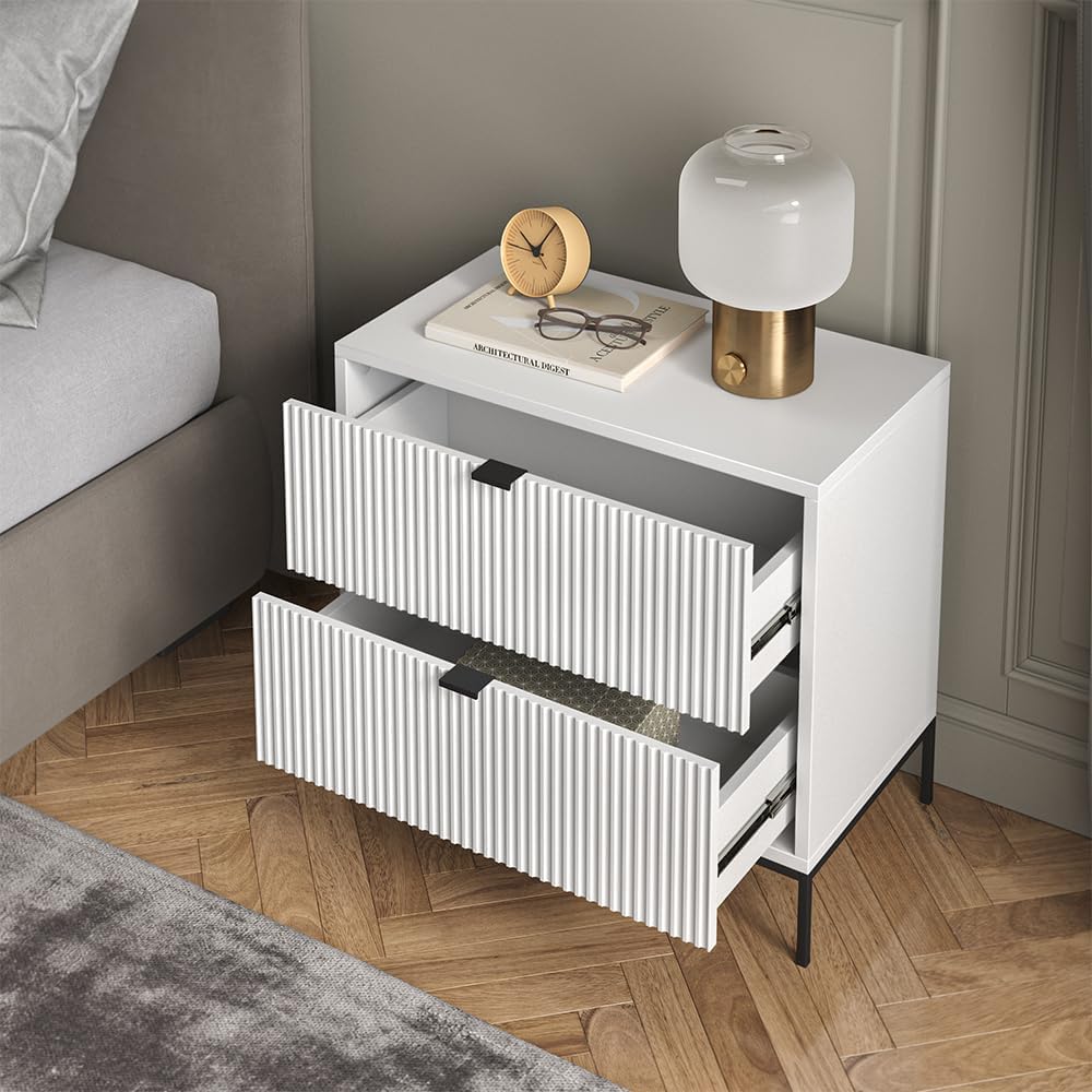 Vicco Nachttisch Eliza, Nachtkommode, Weiß, 66 x 60 cm mit 2 Schubladen