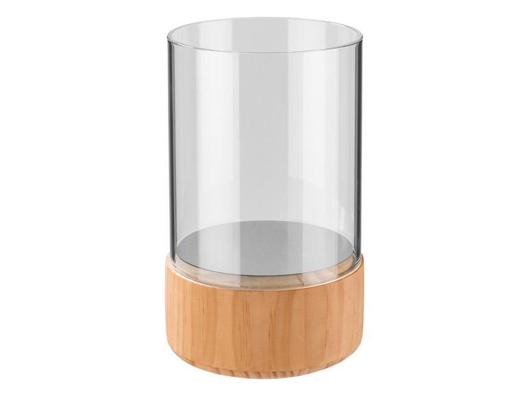 Glazen windlicht met houten voet