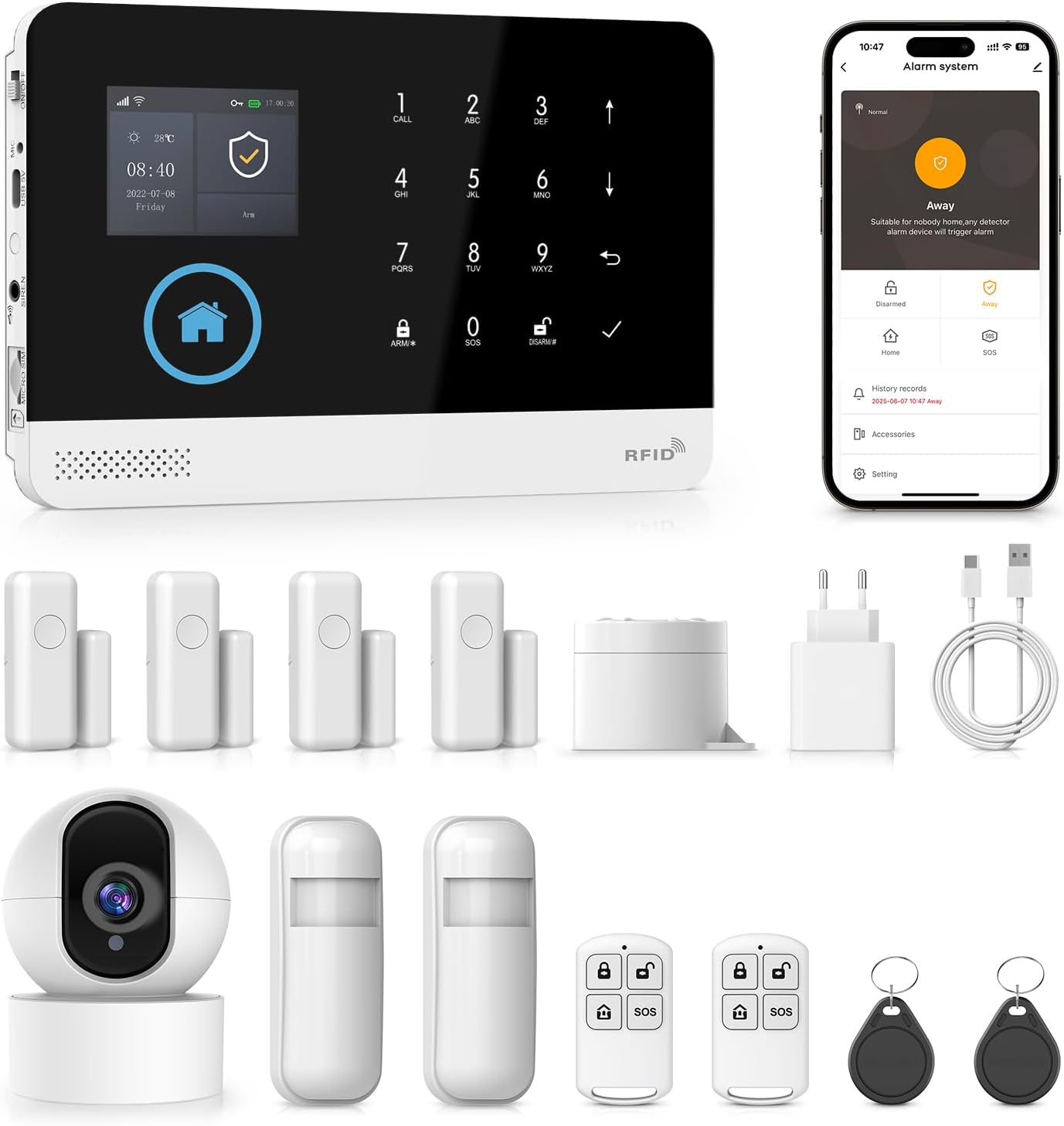 PGST GSM 4G Alarmanlage 14-teiliges, Smart Home Alarmanlage Haus mit APP, WLAN Alarmanlage Set mit Sirene,Kamera,Fenster Tür Sensoren und Fernbedienungen, Funktioniert mit Alexa