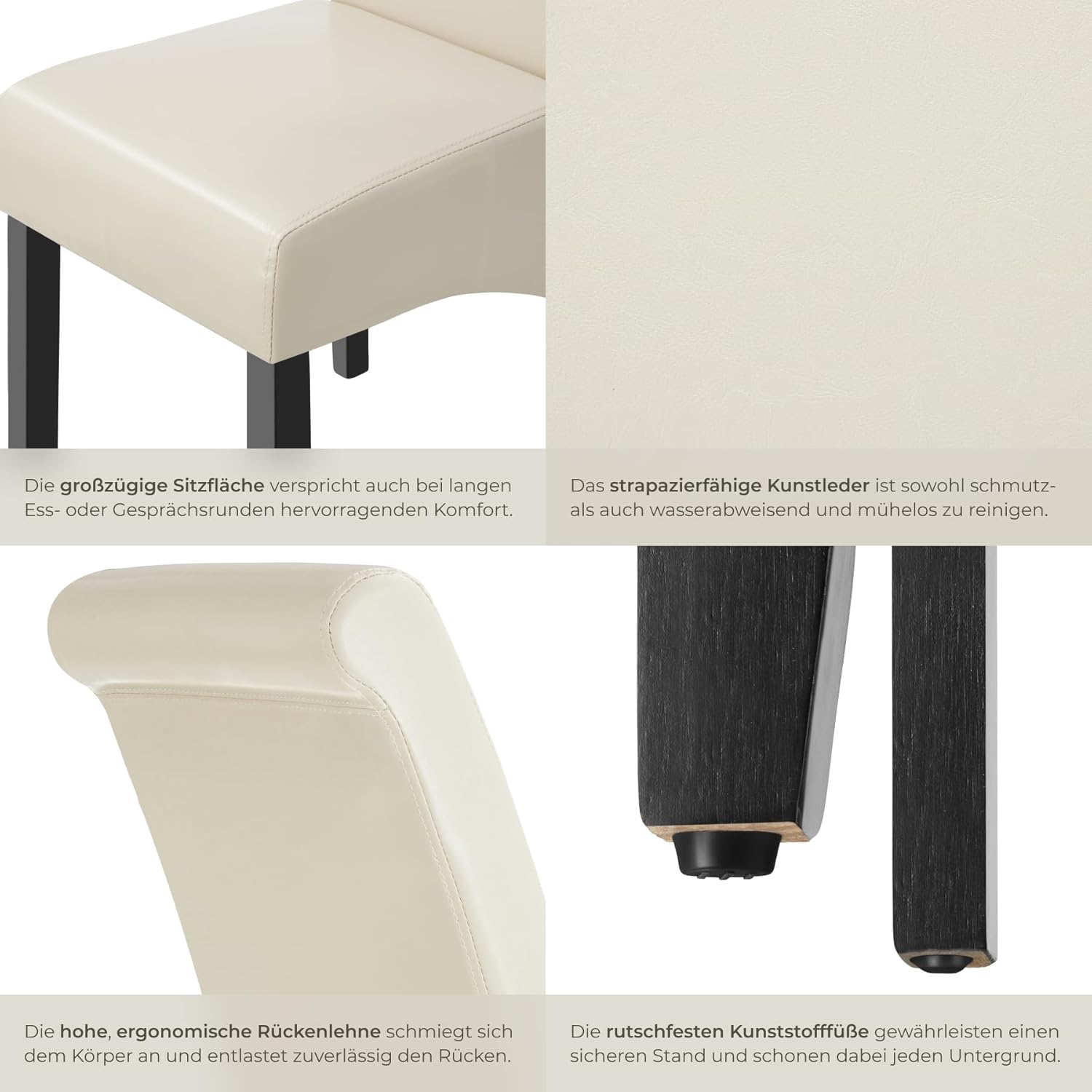tectake® 2er Set Stühle, Kunstleder Stuhl mit hoher Rückenlehne, ergonomische Form, perfekt für den Esstisch, als Esszimmerstühle, Küchenstühle oder im Wohnzimmer - Creme