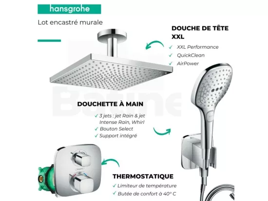 Lot robinet douche encastré thermostatique HANSGROHE Ecostat E + Douche de tête Raindance E 300 fixation plafond