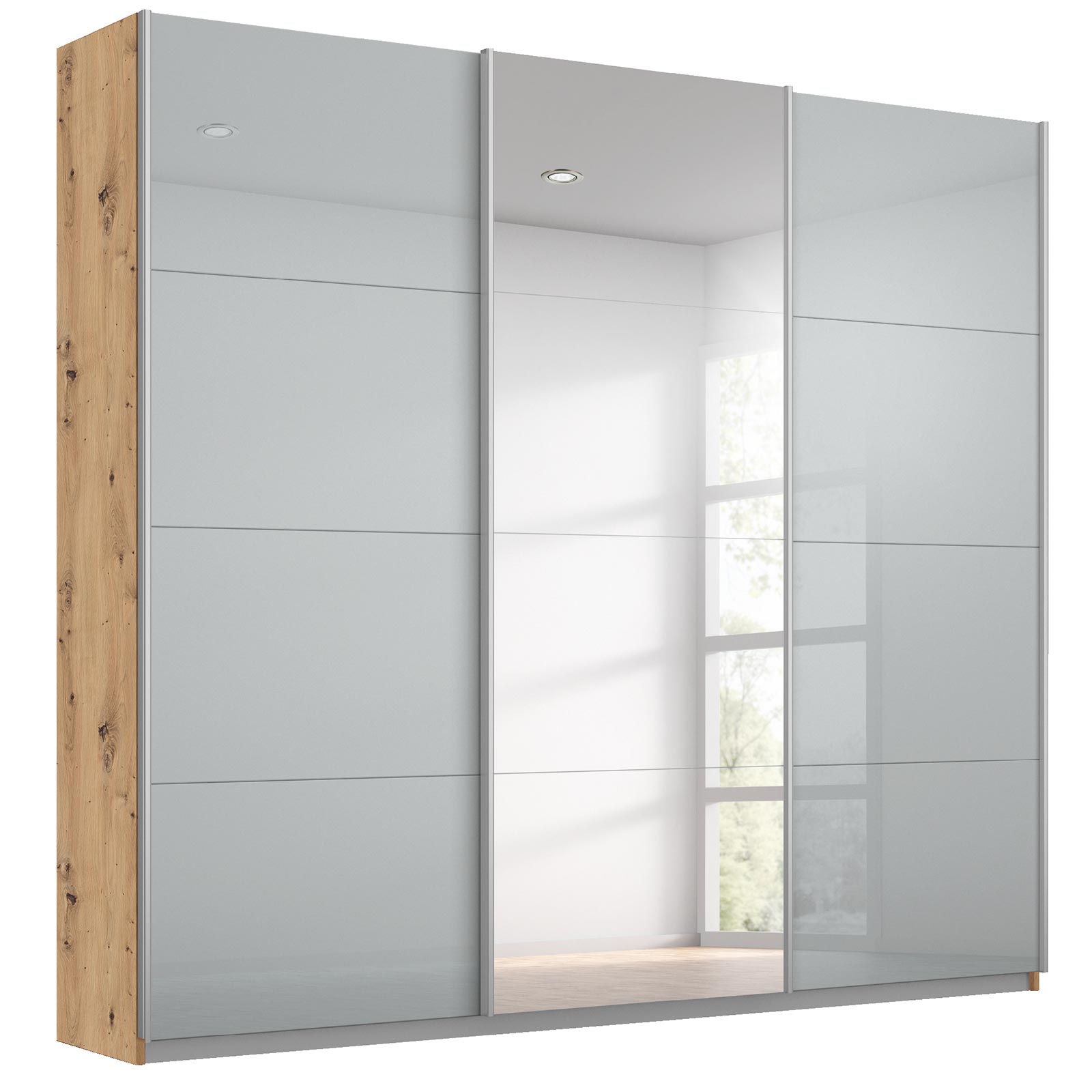 Schwebetürenschrank - Eiche Artisan - seidengrau - mit Spiegel - 2 Glastüren - 203x210 cm