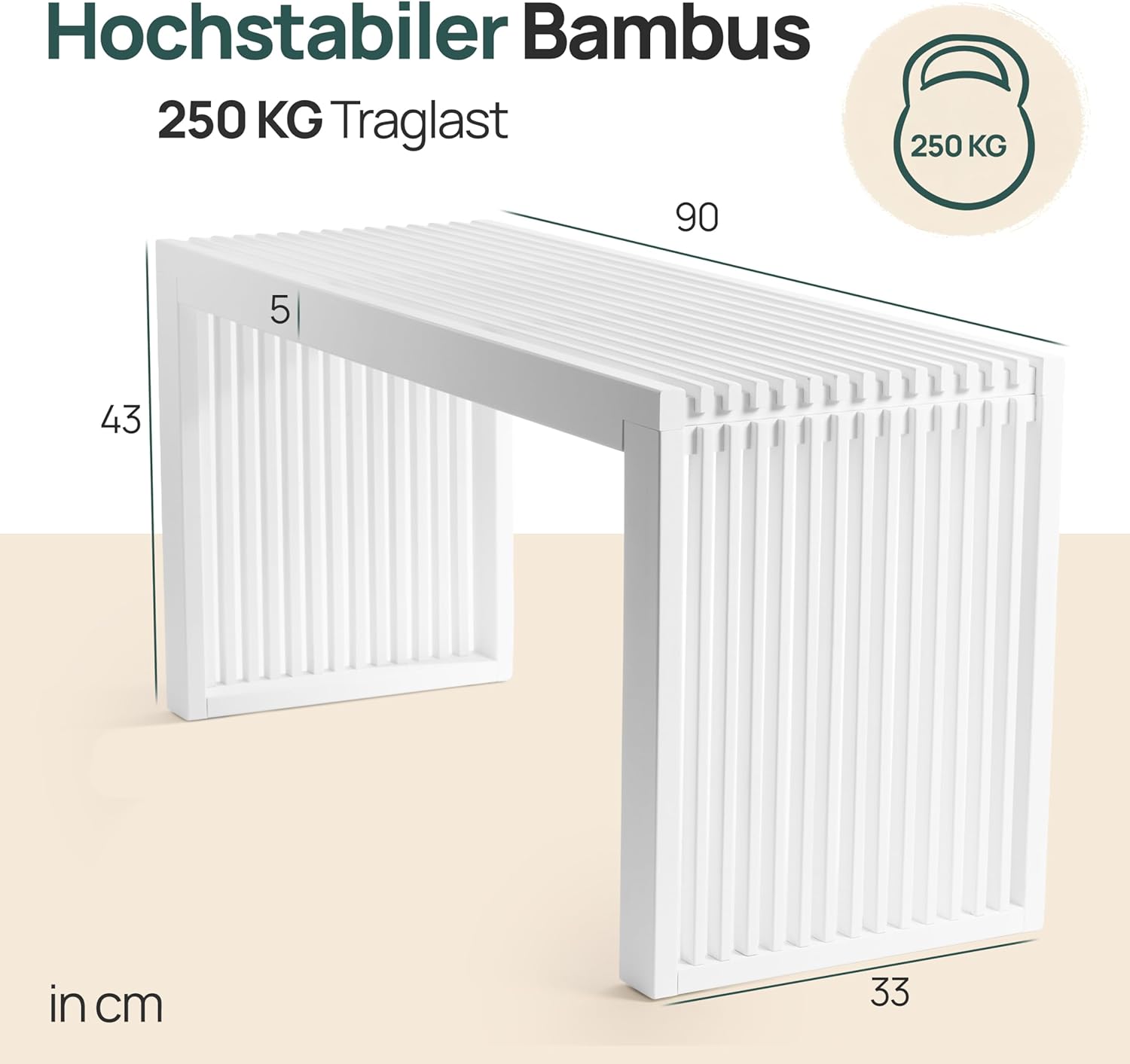 Sitzbank aus Bambus Weiß – stabile Holzbank ohne Lehne für Flur, Bad, Küche, Esszimmer oder Schlafzimmer – kleine Sitzbank Holz 90x33x43 cm – bis 250kg belastbar