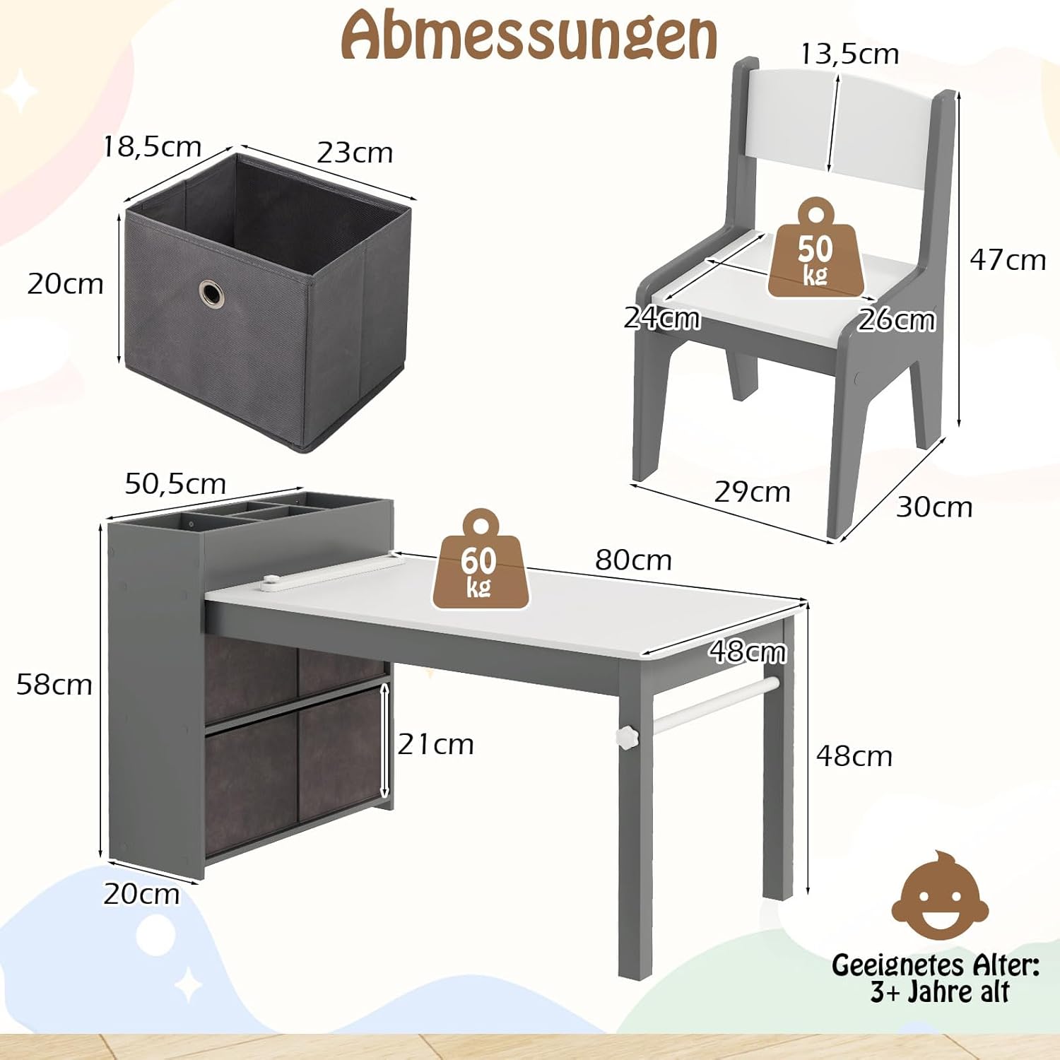 COSTWAY Kindertisch mit 2 Stühlen, 2 in 1 Kindersitzgruppe aus Holz mit Stauraum, Kinder Tisch Stuhl Set mit Papierrollenhalter & 4 Stoffbehältern, Maltisch für Kinder ab 3 Jahren (Grau)
