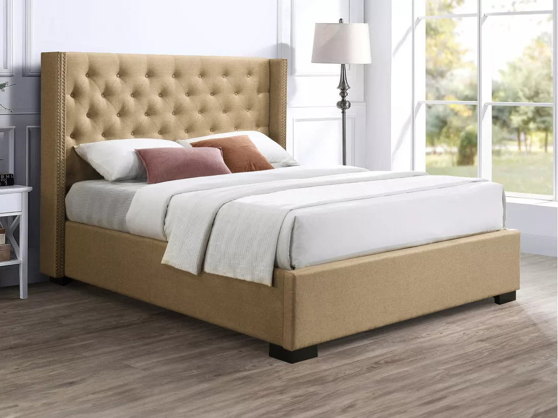 Lit coffre 160 x 200 cm avec tête de lit capitonnée - Tissu - Beige + Matelas - MASSIMO