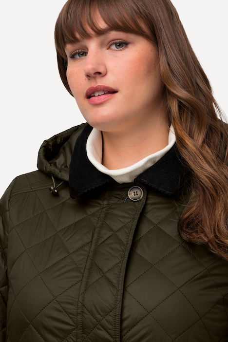 Steppmantel, Cordkragen, Kapuze, 2-Wege-Zipper