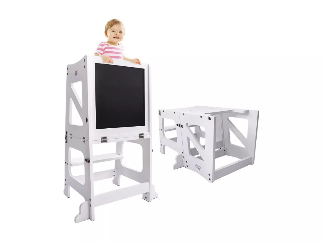 Yoleo Tour d'apprentissage pour Enfants Montessori, Learning Tower Bois, Kitchen Helper avec Tableau Noir,Blanc