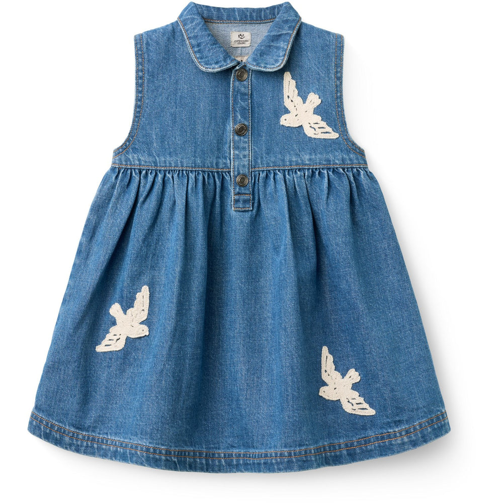 Køb COPENHAGEN COLORS Indigo Blue Washed Denim Kjole W. Crochet Doves