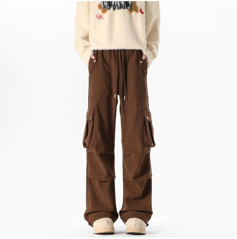 Juku Girls - Mid Rise Corduroy Cargobroek met Wijde Pijpen