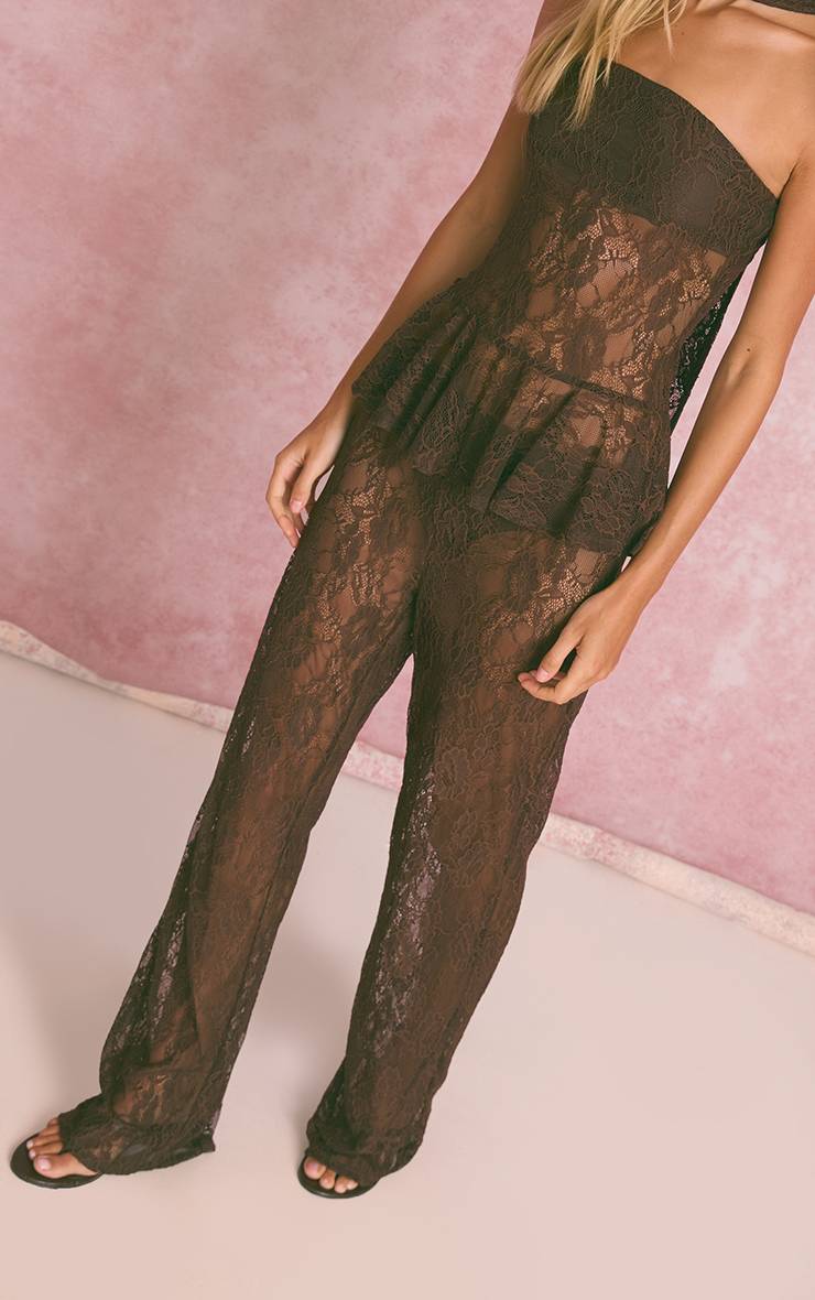 Marron Foncé Pantalon Droit En Dentelle Coordonné
