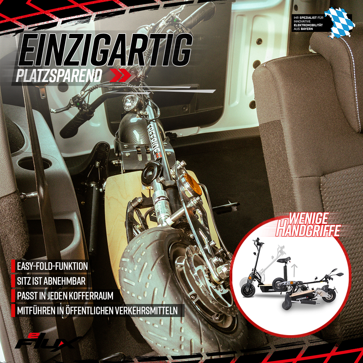 eFlux Freeride X2, E-Scooter mit Straßenzulassung, Hub-Version, Sitz, 2500 Watt, 45 km/h, Easy-Fold (Schwarz)