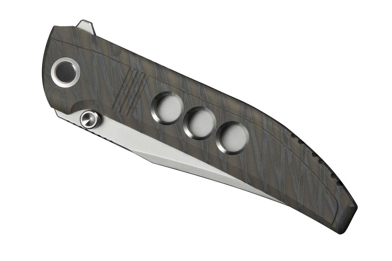 WE Knife Ezinta WE22041-4 Polished Bead Blasted Böhler M390, Tiger Stripe Flamed Titanium, zakmes