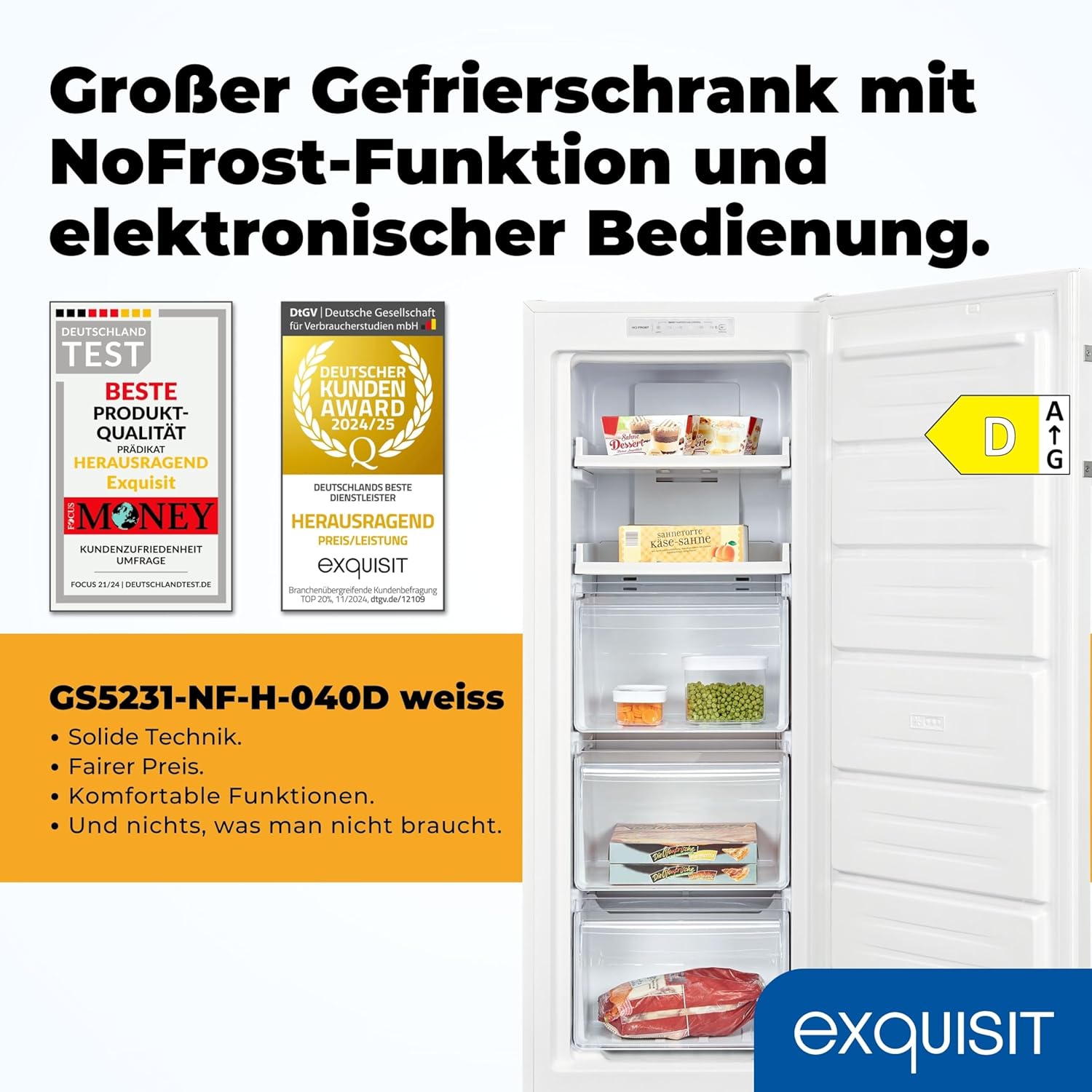 Exquisit Gefrierschrank | 161 l Nutzinhalt, Energieeffizienzklasse D, 39 dB(A) | NoFrost-Gefrieren, Schnellgefrieren, elektronische Temperaturregelung, Türalarm, hohe Bauform | GS5231-NF-H-040D weiss