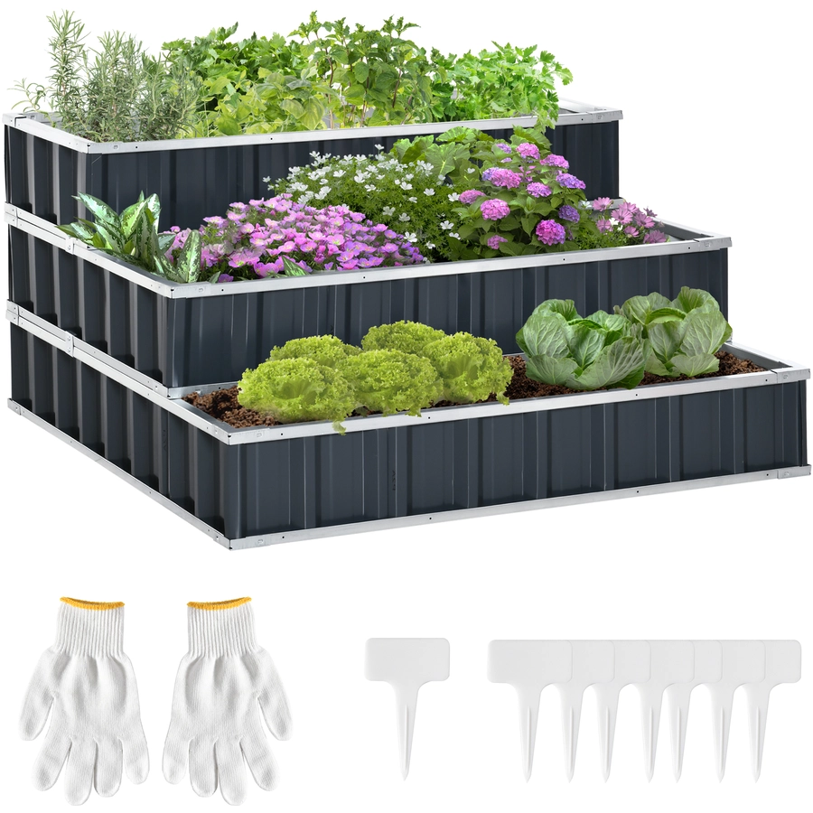 Outsunny Hochbeet mit T-Form-Pflanzenschilder und Handschuhe grau