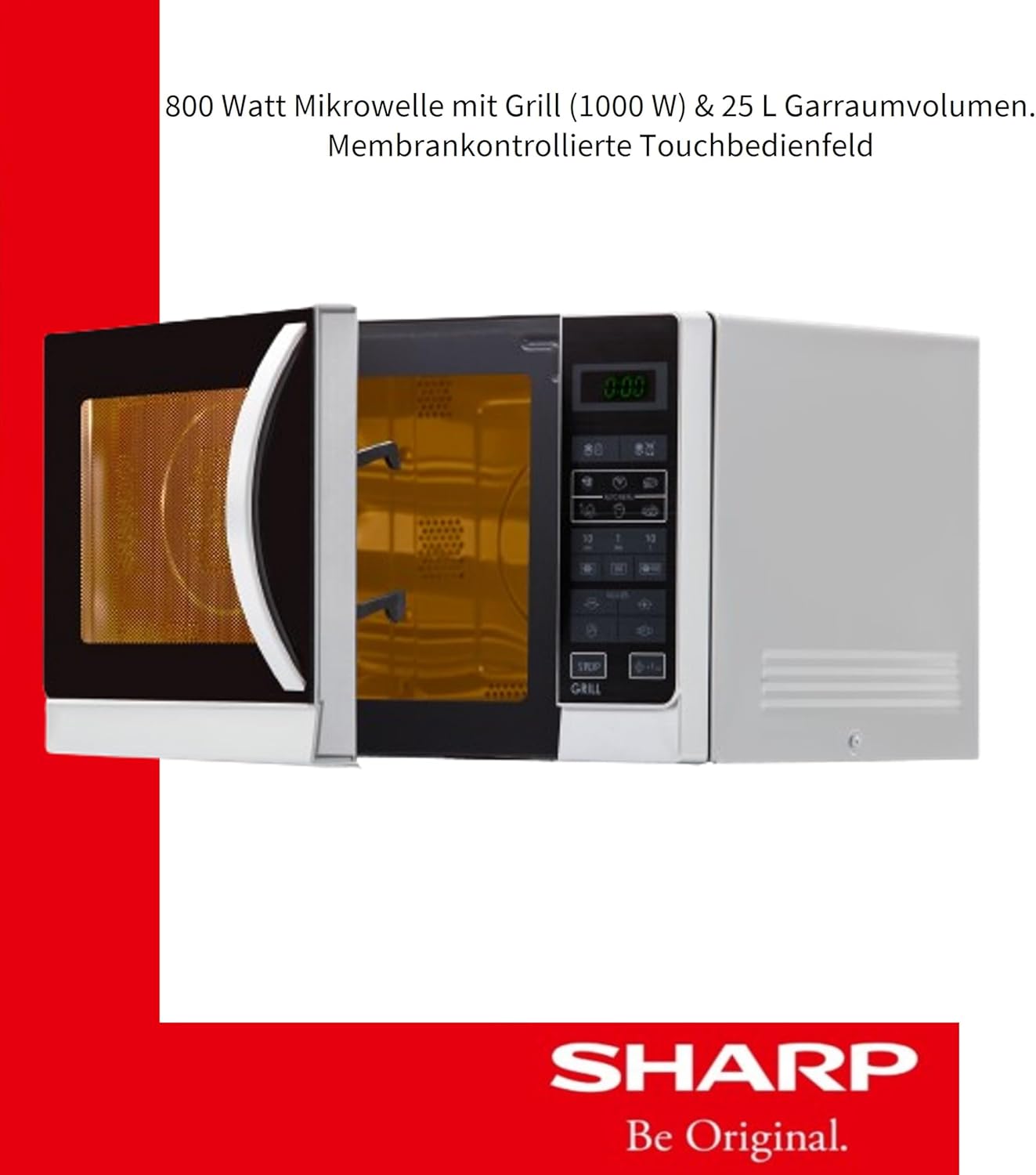 Sharp R742INW 2-in-1 Mikrowelle mit Grill/ 25 L/ 900 W/ 1000 W Grill/LED-Display/ 8 Automatikprogramme/Gewichtgesteuertes Auftauen/Kindersicherung/Energiesparmodus/hoher Rost/Silber