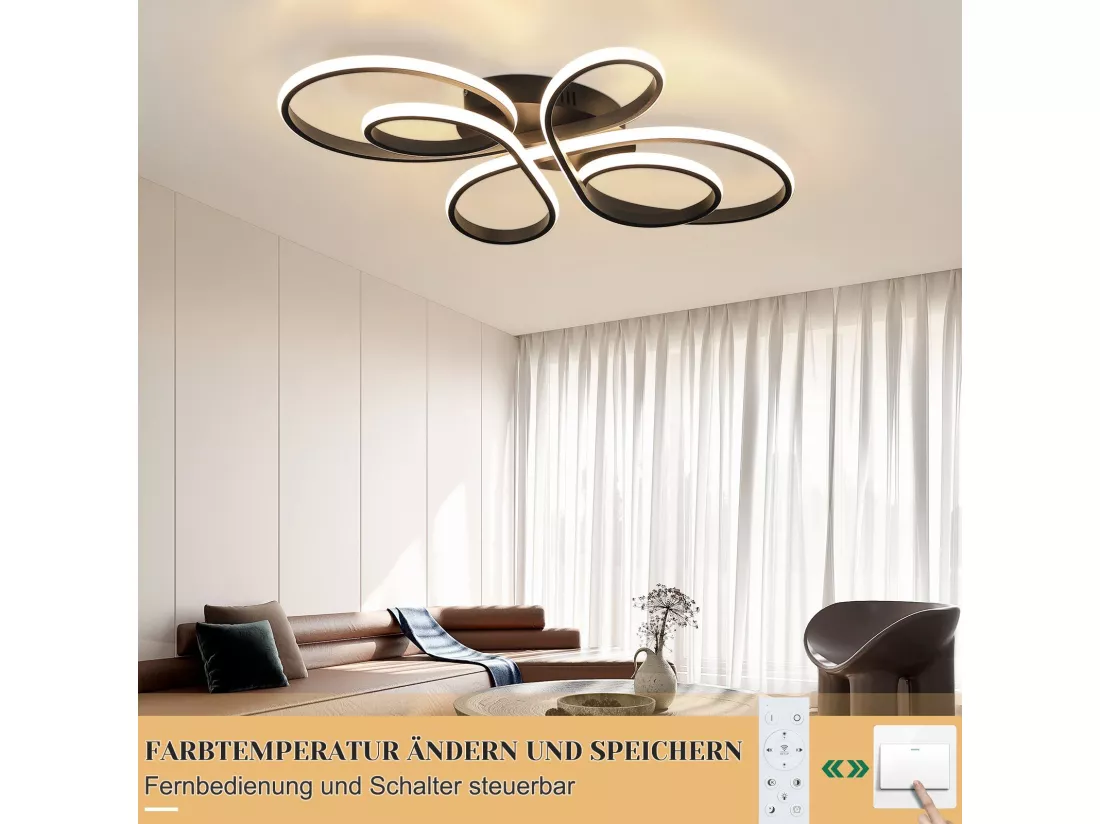 NETTLIFE Plafonnier LED Dimmable Grand 100cm Salon 90W Moderne Noir avec Télécommande