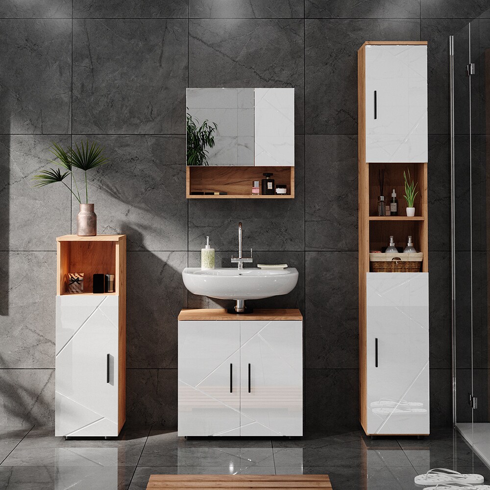 Vicco Hochschrank Badschrank Badezimmermöbel Irma Eiche Weiß Hochglanz modern 30x192 cm Badkommode Badezimmer Schrank Badmöbel 2 Türen 6 Fächer