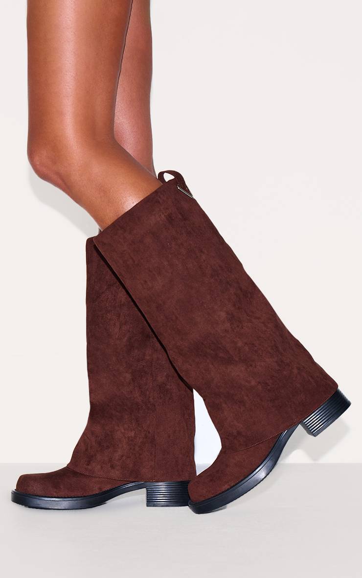 Chocolat Bottes Hautes À Talon Bloc En Synthétique Avec Revers Au Genou