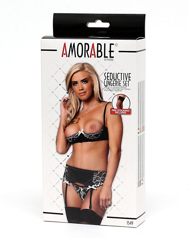 Amorable by Rimba - Open Cup BH Met String Jarretelgordel En Kousen - Zwart Wit