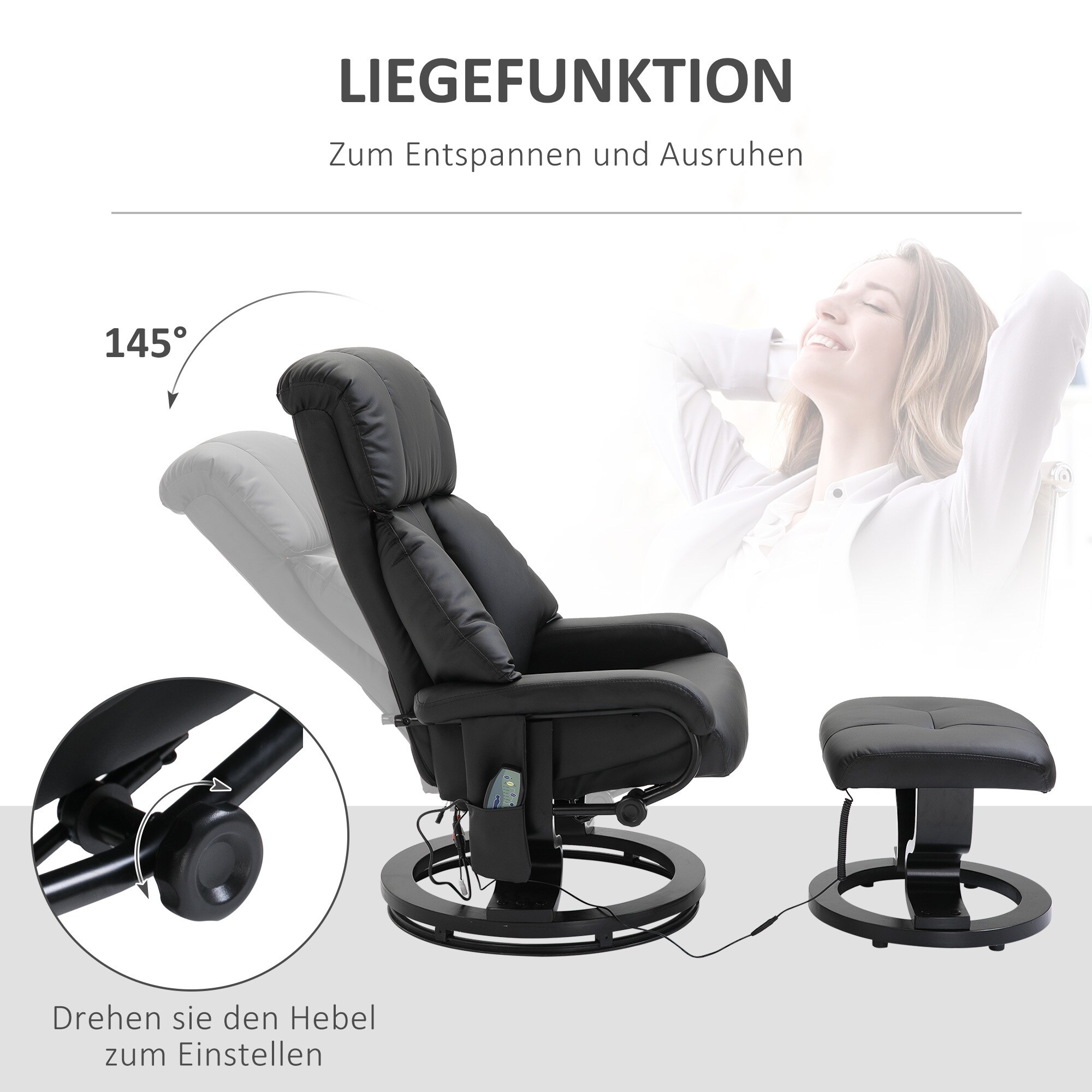 HOMCOM Massagesessel mit Fußhocker und Liegefunktion schwarz 76L x 80B x 102H cm