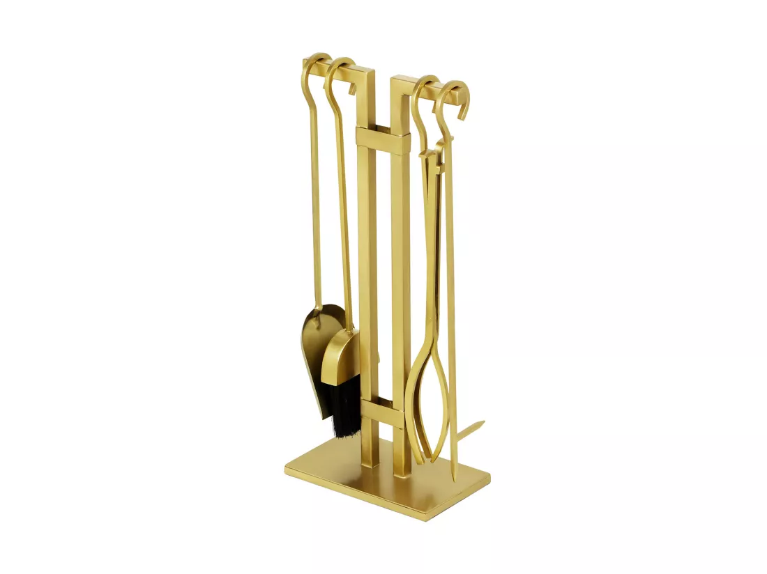 Serviteur de cheminée 4 outils en laiton doré - L. 25 x P. 15 x H. 60 cm - ASSIOUT