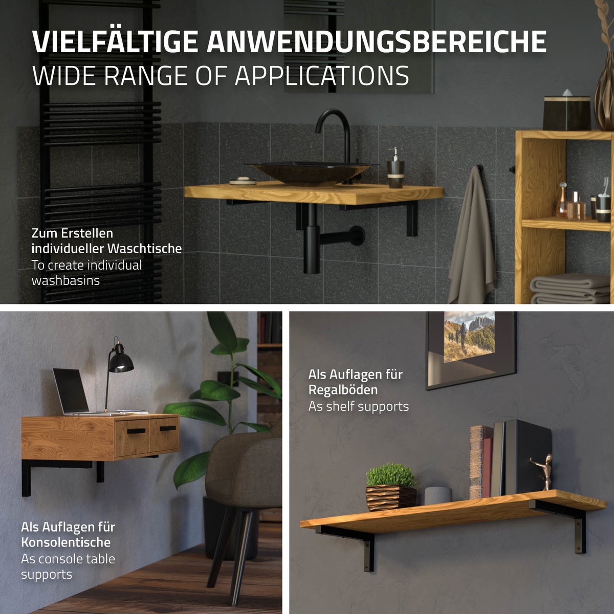 ML-Design 2-delige set L-vormige wandconsoles voor wastafels, 400x150 mm, zwart staal, design wastafelconsole, wandbevestiging voor wastafelblad, planchetconsole, planchethouder