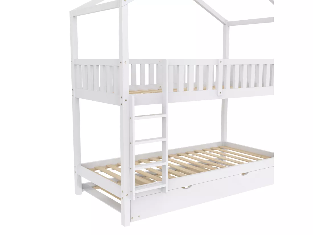 Lit superposé 90x200 cm avec un lit gigogne - en bois de pin massif - Blanc