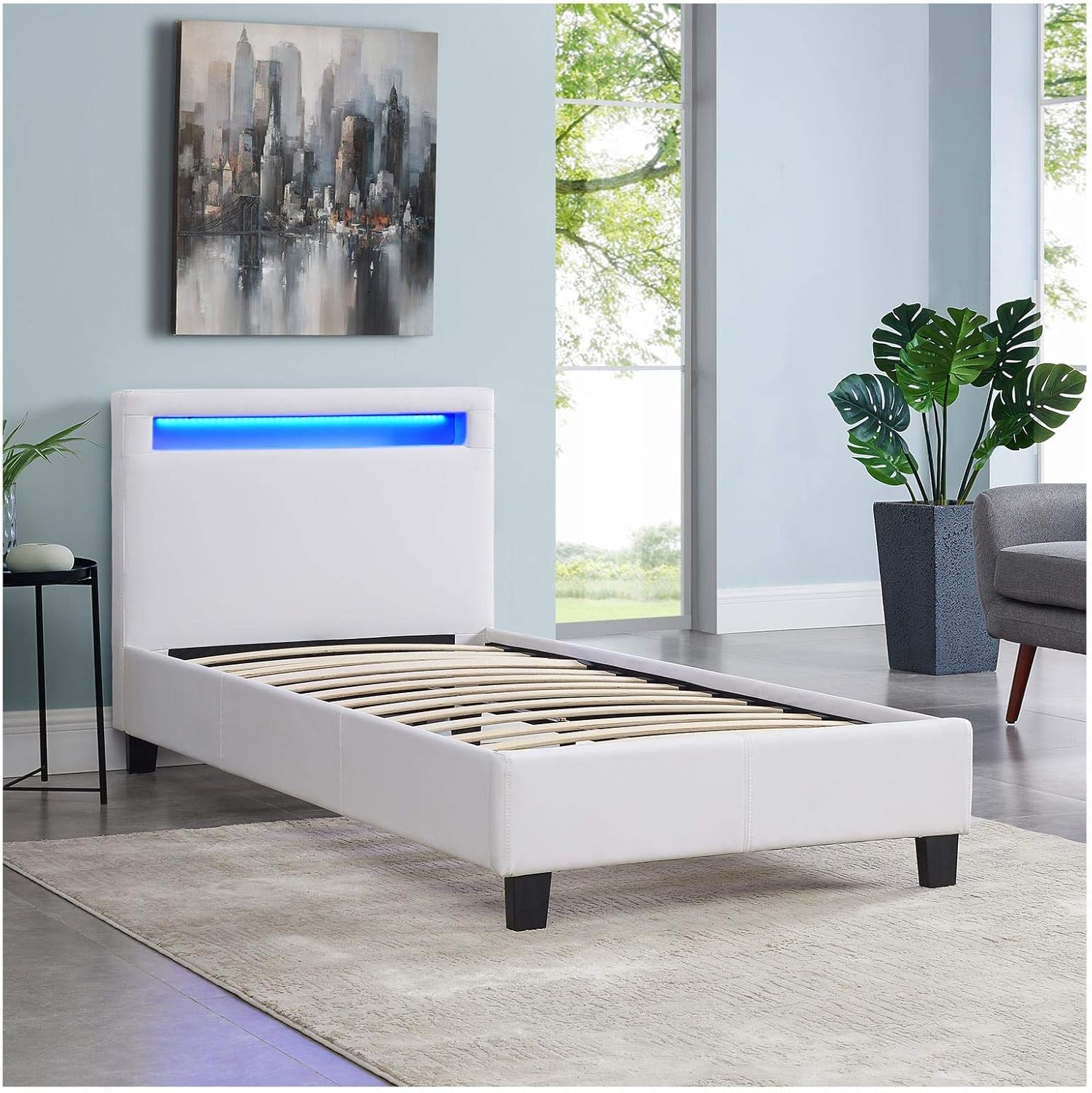 CARO-Möbel Polsterbett Mandalay mit LED Beleuchtung Einzelbett Lederbett 90 x 200 cm mit Lattenrahmen, Lederimitat in weiß