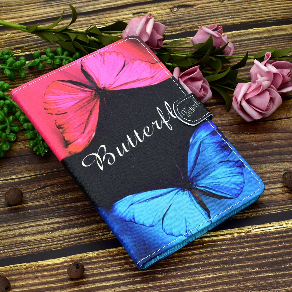 Samsung Galaxy Tab A7 Lite Leder Tasche Flip Case Schmetterlinge   Stift Halterung - Schwarz / Pink / Blau