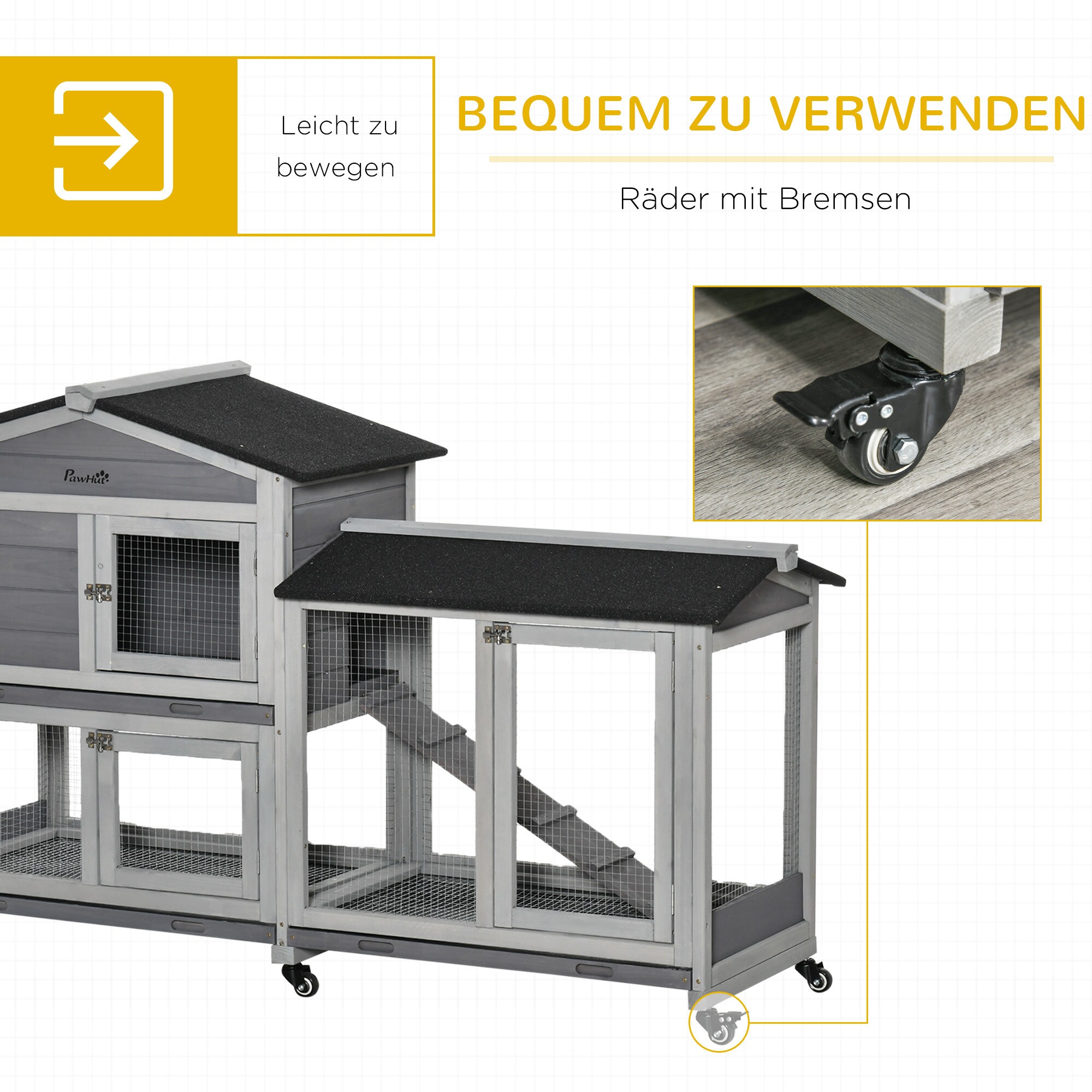 PawHut Kleintierstall mit 6 Rädern grau 157,4L x 53B x 99,5H cm