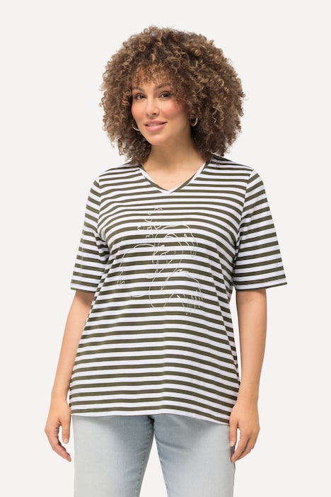 Shirt, Ringel, Metallic-Tier, V-Ausschnitt, Halbarm