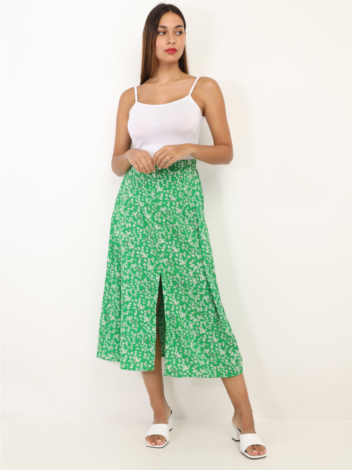 Jupe fendue à motif petites fleurs- Vert