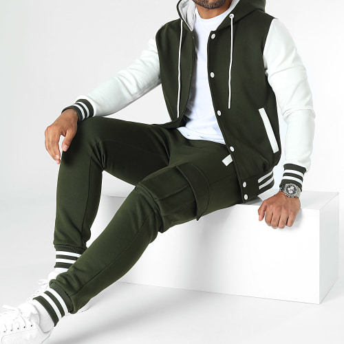 Ensemble Veste Teddy Capuche Et Pantalon Jogging 0122 Vert Kaki Blanc