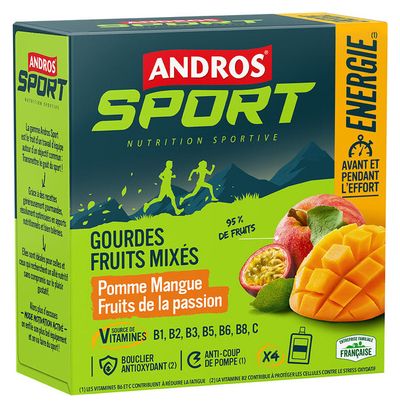 Purées énergétiques Andros Sport Energie Fruits mixés Pomme/Mangue/Fruit de la passion - 4x90g