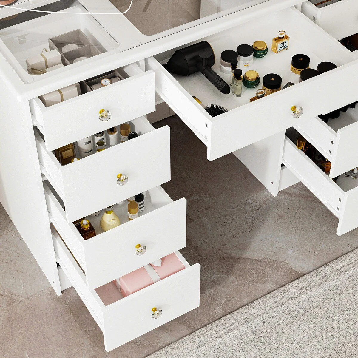 Makeup Vanity w/Tri-Fold Mirror Certified Lighting Glass Top Dresser