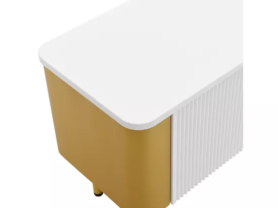 Banc TV avec tiroirs et panneaux de porte spécialement moulés, poignées et pieds dorés, forme arquée,170x45x50cm,Blanc