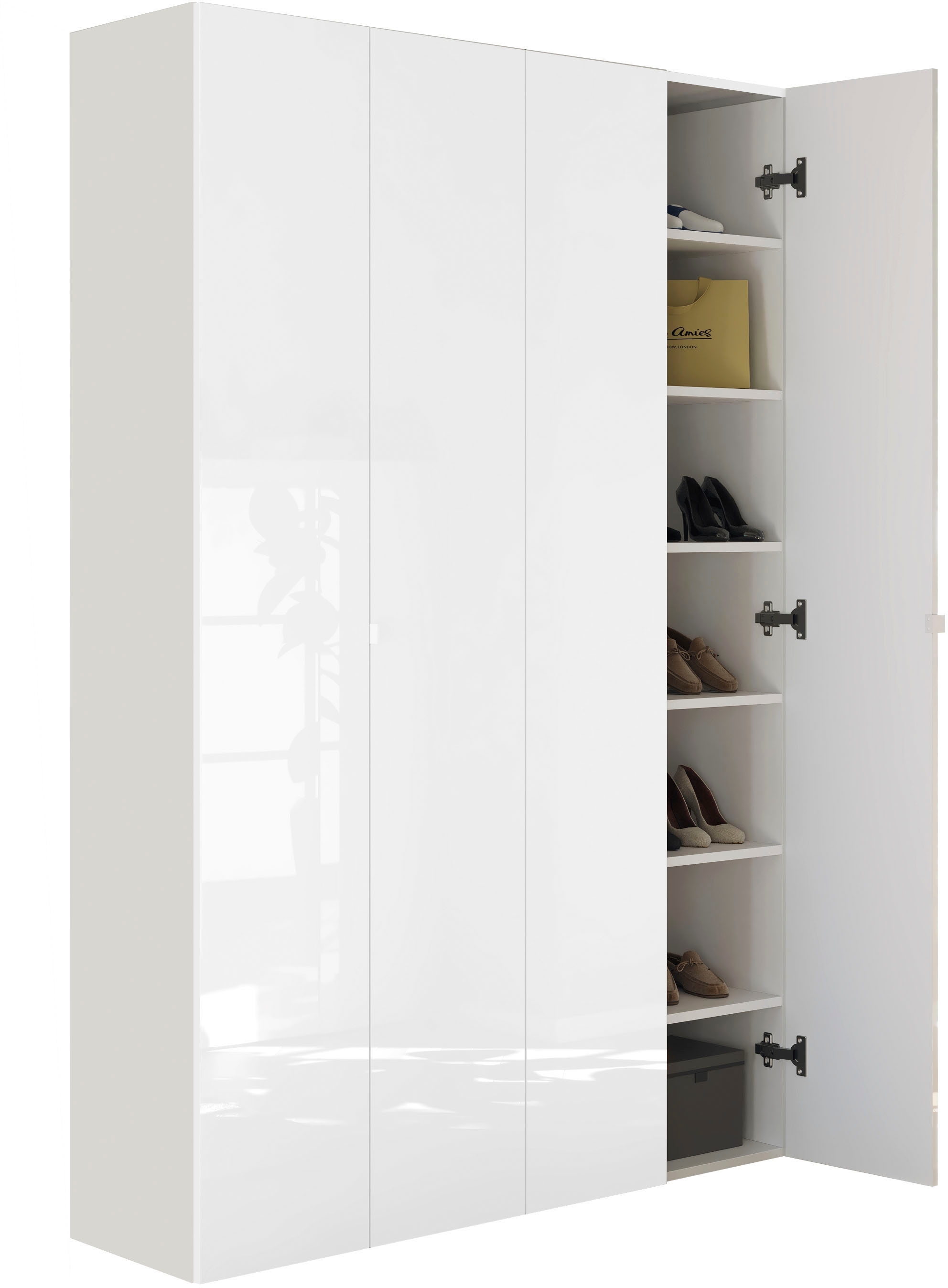 INOSIGN Schuhschrank »SMILE Breite 124 cm, Höhe 184 cm, Schuhregal mit 7 Ebenen, 14 Fächer« Schuhkommode in Weiss Hochglanz Lack, 2 Metallgriffe