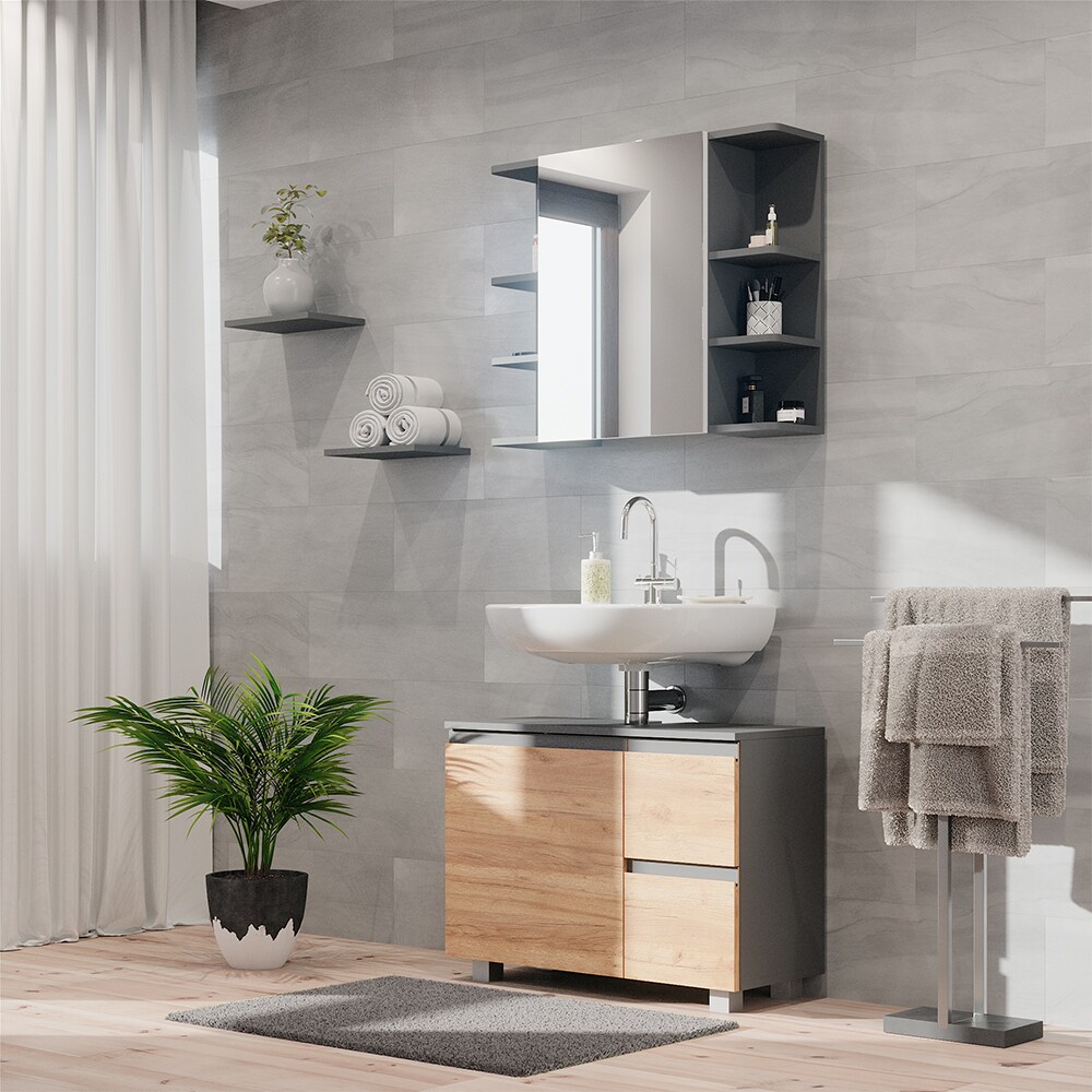 Vicco Badmöbelset J-shape Anthrazit Eiche modern Badezimmer Schrank Badschrank Waschtischunterschrank Spiegelschrank Schranktür Schrankschublade Aufbewahrung