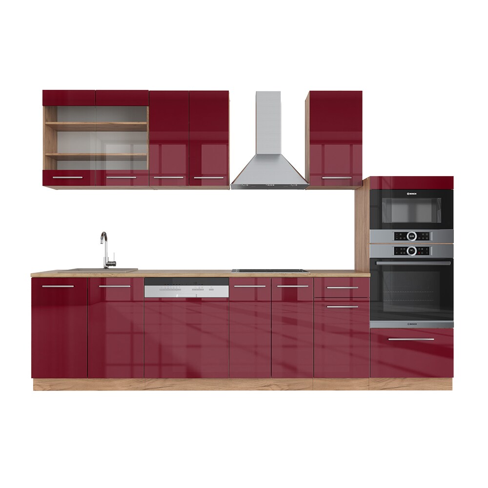 Vicco Küchenzeile Küchenblock Einbauküche Fame-Line Eiche Bordeaux Rot 300 cm modern Küchen Schränke Schubunterschrank Unterschrank Spülenunterschrank Hängeschrank Mikrowellenschrank Geschirrspülerblende