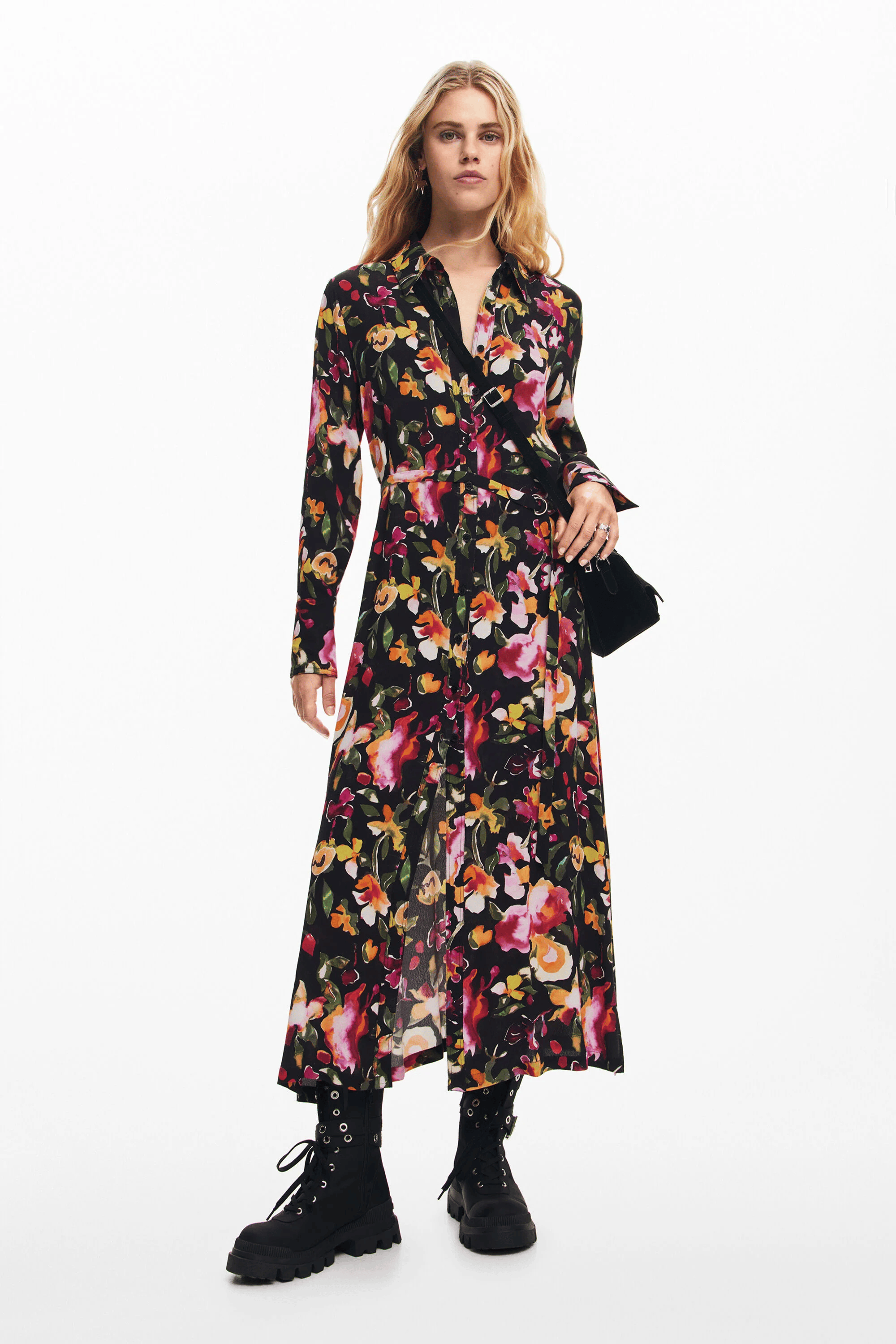 Robe chemise midi à fleurs | Rouge