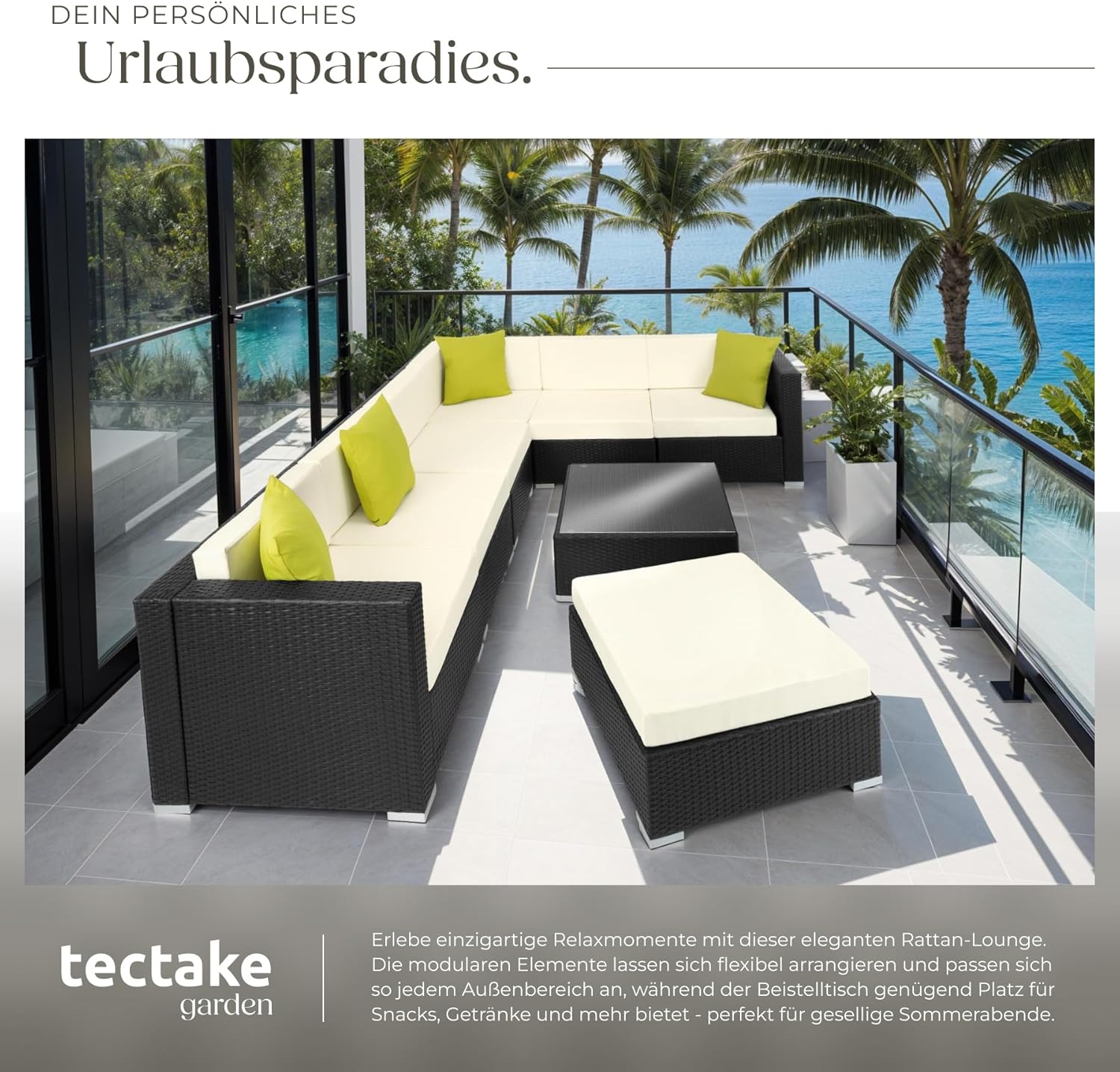 tectake® Poly Rattan Lounge, Garten Loungemöbel Set für 6 Personen, große Sitzgruppe mit L-Form Sofa und Esstisch Outdoor, Gartenmöbel wetterfest, Terrassenmöbel inkl. Hocker und Kissen - schwarz